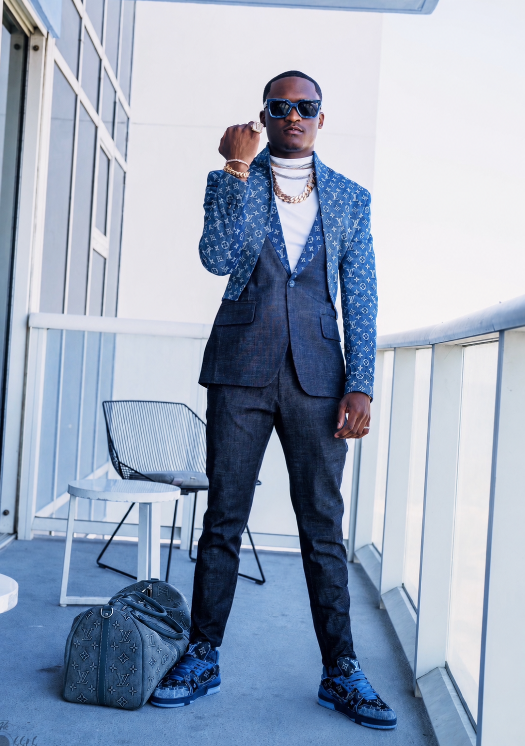 Young man styled by Louchiianno in a two-toned denim suit with gold jewelry and sunglasses